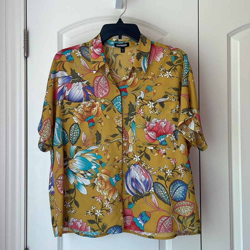 Express Yellow Floral Hawaiian Top